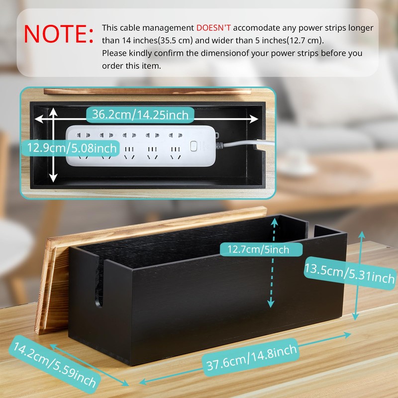 Bivvclaz Large Cable Management Box, Wooden Cord Organizer Box for