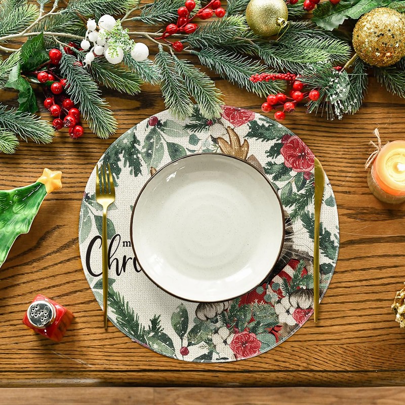 Artoid Mode Holly Flowers Antler Cat Eucalyptus Christmas Placemats Set