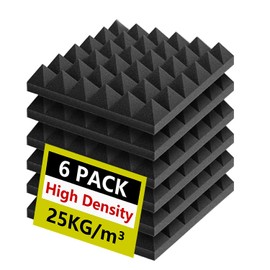 Foneso Acoustic Foam Panels 12'' x 12'' x 2'', Sound Insulation Wall, Pack of 6 Black Acoustic Foam Mats for Podcast Recording, Sound Studio, Playrooms, TV Rooms and Offices