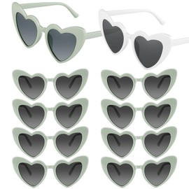 Bouiexye 10 Pack Bachelorette Sunglasses Heart Shaped Sunglasses Vintage Heart Glasses Bridesmaid Proposal Gifts for Women Wedding Party Decorations (White+Sage Green)