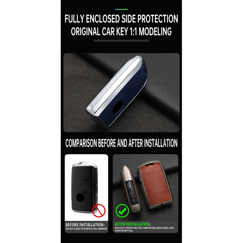 ontto 3-Buttons Key Fob Case Metal Frame Key Shell Leather