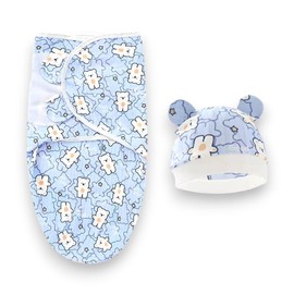 Newborn Baby Infant Sleep Sack Adjustable Swaddle Wrap Wearable Blanket with matching Beanie Hat 100% Knitted Cotton 2 Pack (Bears & Astronauts)