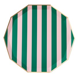 Bonjour Fête Pink & Green Cabana Stripe Party Plates | Gold Foil Sturdy Disposable Plates for Holiday, Baby Showers & Birthday Decorations | Premium Party Supplies & Decorations | Pack of 8, 10.75"