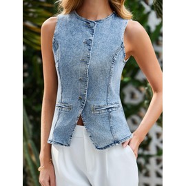 Tankaneo Womens Button Down Denim Vest Tops Sleeveless Fitted Jean Tank Tops Summer Trendy Casual Waistcoat