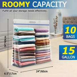 15 Gallon Large Storage Bags, 3.5 Mil Thick Clear Plastic Zipper Bags with Handles, 24" x 24" Large Heavy Duty for Home, Travel, and Moving (10 Packs)