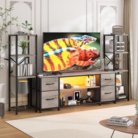 Yenlure LED TV Stand 60 Inch for Living Room with Charging Station, Entertainment Center with 2 Industrial Bookshelves, Modern Console Cabinet with Storage Drawers (Greige)