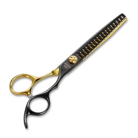 Momotou Black & Gold Professional Chunker Dog Grooming Scissors with Decorative Screw Sharp and Durable Japanese 440C Stainless Steel Pet Cat Texturizing Thinner Shears with Safe Round Tip 7''