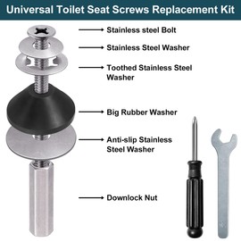 Toilet Seat Screws Replacement Kit, Toilet Seat Bolts Replacement Kit, Heavy Duty Stainless Steel Toilet Bolts with Extra Long Downlock Nuts, Toilet Seat Lifter Tab, Screwdriver, Wrenches (2 Pack)