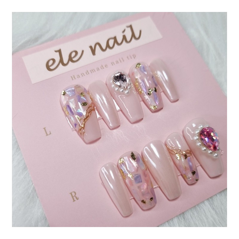 Pink Purple Mother of Pearl Stone Nail - Oval /