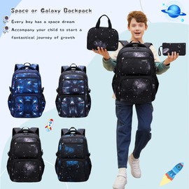 3Pcs Space Print Boys Backpack Set with Lunch Bag, Galaxy Backpacks for Boys Water-resistant School Bags Bookbags, 3 Pieces-Sky-blue