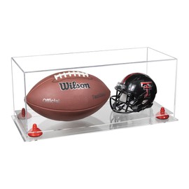 Better Display Cases Acrylic Full Size Football and Mini Helmet Display Case with Clear Case, Red Risers and Clear Base 19.25" x 8.25" x 8" (B47/A103)