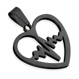Bungsa Black Heart Pendant Stainless Steel – Heartbeat Pendant for Necklaces, Stainless Steel, No Gemstone