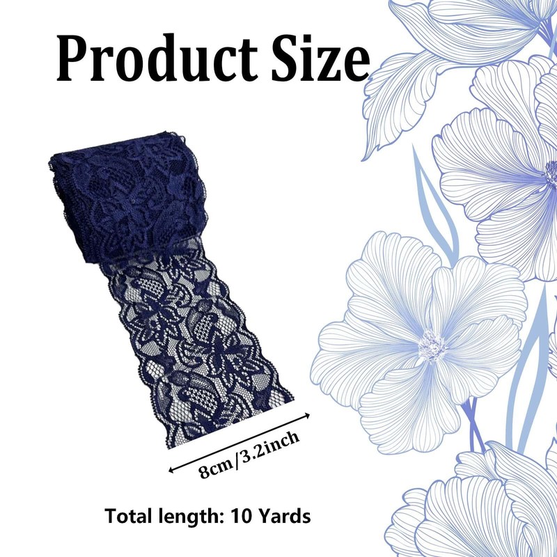 10 Yards Navy Blue Floral Stretch Lace Trim, 3 Inch