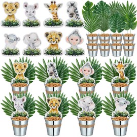 Amyhill 58 Pcs 8 Sets Jungle Animals Centerpieces for Table Safari Baby Shower Party Decorations with Palm Leaves Metal Buckets Jungle Animals Cutouts for Safari Wild One Birthday Party Decor