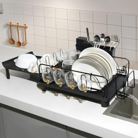ifory Large Dish Drying Rack, Dish Rack for Kitchen Counter, Extendable Dishes Drying Rack with Drainboard and Cutlery Holder, Anti Rust Dish Rack with Mug Holder, Black