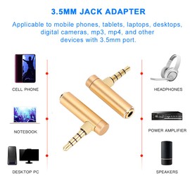 2PCS 3.5mm Male To Female Audio Adapter, 90 Degree Stereo Jack Plug Right Angle Plug Aux Connector for Headset Tablets Speakers(Gold)