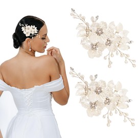 2Pcs Wedding Hair Accessories for Women, Flower Bridal Hair Accessories Pearl Bridal Headpiece for Brides, Bridesmaid, Women, Girls (Gold)