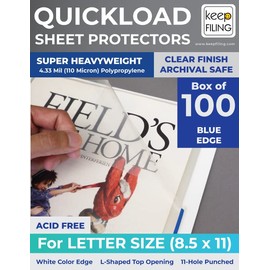 Keepfiling 8.5 x 11 Letter Size Quick Load Sheet Protectors, w/Color Edged (Blue), Box of 100, Acid Free