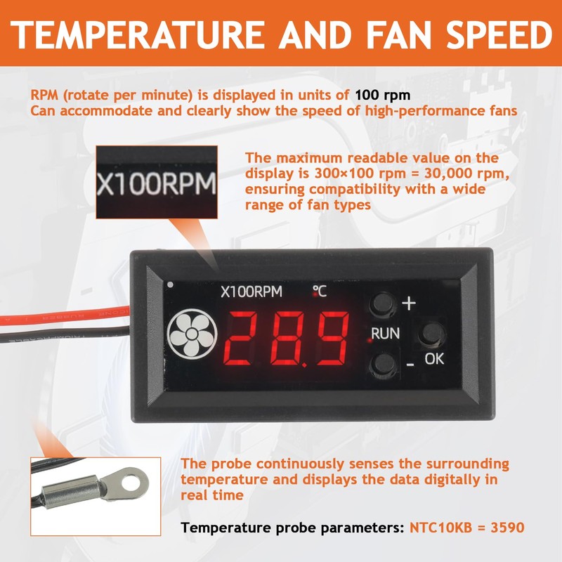 JAMHER 4-Wire PWM 12V 3A Fan Temperature Controller,Circular Head