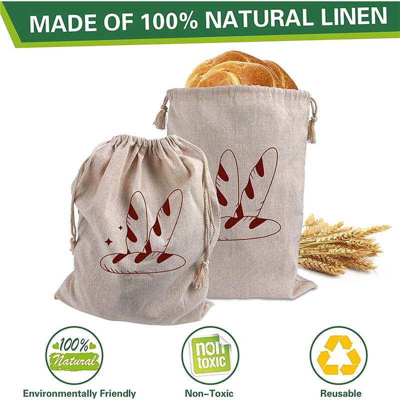 Linen Bread Bags, 2 Pack Reusable Natural Unbleached Linen Bread