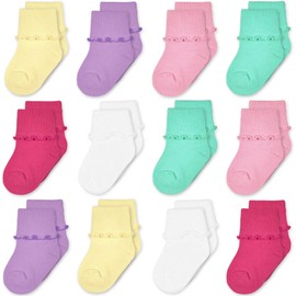 TRAMLE Baby Girls Socks 12 Pack Ruffle Ripple Edge Turn Cuff Ankle Socks Toddlers Infants (1-3 Age)
