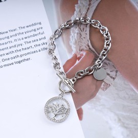 Zeshimb Chunky Chain Bracelet Gold Link Chain Toggle Bracelet Rhinestone Disc Charm OT Clasp Bracelet Vintage Coin Pendant Toggle Clasp Bracelet Jewelry for Women (Silver Tree)