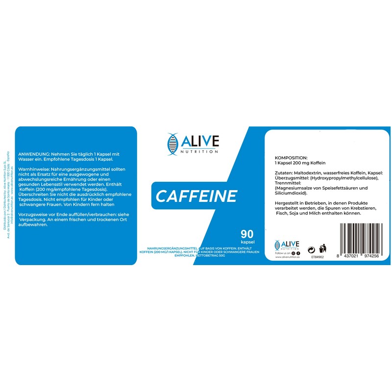 Caffeine capsules. 200 mg. Energising against fatigue. Caffeine capsules (90).
