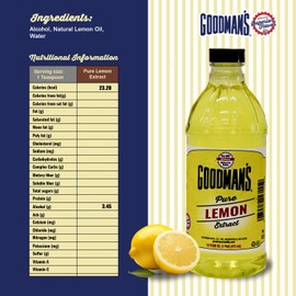Goodman's Pure Lemon Extract - Pure, Gluten-Free, Non-GMO, Kosher - Flavor Enhancer for Baking, Cooking, and Beverages - Low Carb & Calorie, No Artificial Color or Sugar (16oz Bottle)
