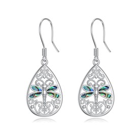 Dragonfly Filigree Earrings 925 Sterling Silver Teardrop Abalone Shell Dangle Drop Earrings Tree of Life Earrings Jewelry Christmas Gifts for Wife Mom Women Girls