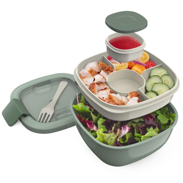 Bentgo Salad Lunch Container, BPA Free, Large 54oz Bowl, 4 Compartments, Bento Style Tray for Salad Toppings and Snacks, 3 oz Sauce Container for Dressin, Built-in Reusable Fork (Khaki Green)