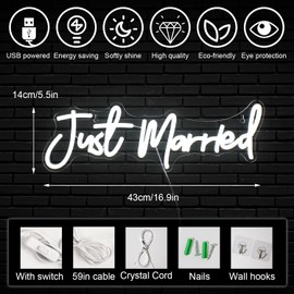Horseneon Just Married Neon Signs for Wall Decor, White Neon Lights Signs for Wedding Decor, Led Sign with USB Powered for Wedding, Proposal, Engagement
