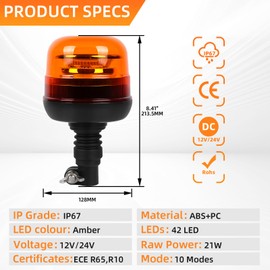 Qiping LED Beacon, 12 V/24 V Car Warning Light, Orange Beacon, 10 Modes, E-Mark, with Button to Switch Modes, Warning Light for Tractor, Car, Truck