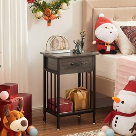 VECELO Nightstands, Industrial Side/End Tables with Drawer and Storage Shelf, Night Stands for Bedroom, Living Room, Wood Metal Furniture, Easy Assembly, 1 Pack, Grey