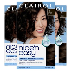 Clairol Nice 'n Easy Permanent Hair Color, 3 Brown Black, 3 Count Allergy Gentle Single-Step Hair Dye with Conditioners, Natural-Looking Color, Salon Highlights, 100% Grey Coverage