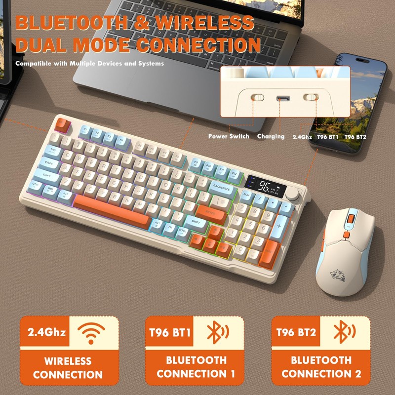 FREEWOLF T96 Smart Display Wireless Gaming Keyboard and Mouse Comb,