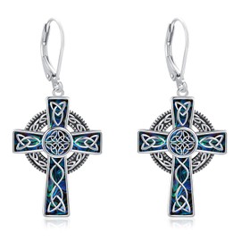 Midir&Etain Irish Celtic Cross Dangle Drop Earrings 925 Sterling Silver Cross Leverback Earrings Celtic Viking Jewellery Religious Protective Gift for Women Girls