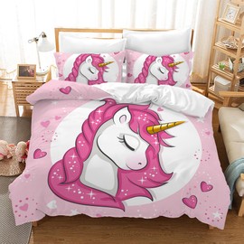 Leleyouzer Unicorn Bed Linen for Girls Children, Soft and Comfortable Microfibre Bed Linen, Cute Unicorn Duvet Cover with Zip + 2 Pillowcases 50 x 75 cm (E1, 135 x 200 cm)