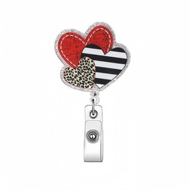 Valentine Day Three Hearts Badge Reel Retractable Nurse Badge Holder Cute Valentine Acrylic Alligator Badge Clip Nurse Nursing Badge Reels Name Tag Holiday ID Card Decor