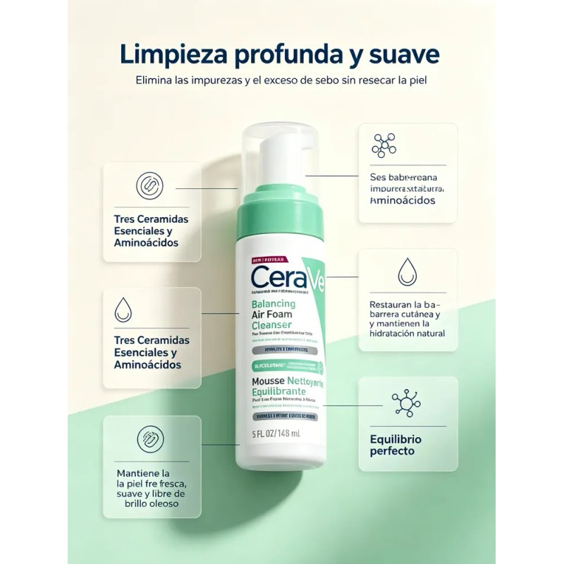 Cerave Limpiador Facial Balancing Air Foam Gel Limpieza 148m