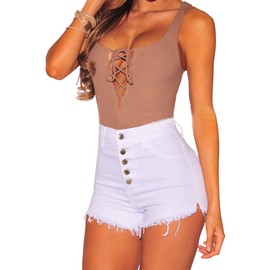 Bunanphy Women Shorts Summer Raw Hemline Buttons Denim Jean Shorts White #A Large