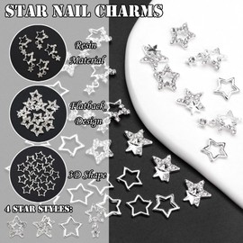 YAEISM 30PCS Star Nail Charms 3D Alloy Nail Art Charms 4 Styles Silver Stars Nail Rhinestones Crystal Pentagram Nail Gems for DIY Crafts Jewelry Decoration Nail Supplies