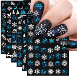 6 Sheets Christmas Snowflake Nail Decals for Nail Art 3D Self-Adhesive Blue White Christmas Stockings Christmas Tree Nail Art Stickers Laser Elk Nail Design Decals Santa Claus Nail Stickers for Women