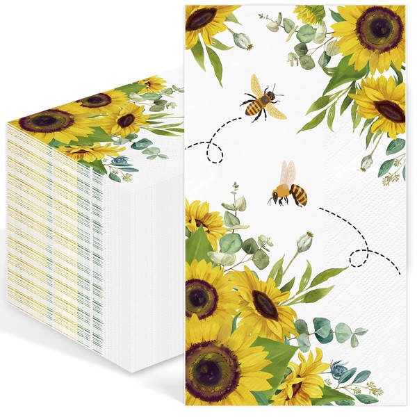 100PCS Summer Sunflowers Paper Napkins 3 Ply Sunflower Bee Decorative