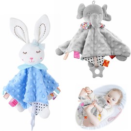 DAQI Manta de Apego para Bebé, 2 Piezas Manta de Seguridad para Bebé, Juguete Sensorial con Sonajas, Etiquetas Colorida y Mordedera para Bebe, Juguetes para Bebe de 0 a 3 Años (Gris/Azul)