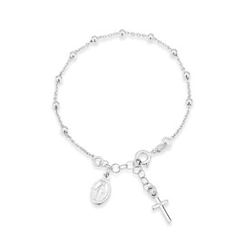 Miabella 925 Sterling Silver Italian Rosary Cross Bead Charm Link Chain Bracelet for Women, Adjustable, Made in Italy (Length 6-7 Inch)