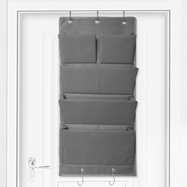 INHEMI Hanging Organiser with 5 Large Pockets, Door Cupboard Organiser Made of Oxford Cloth, Foldable Hanging Shelf, Hanging Storage for the Door, Bedroom, Office, Children's Room - Grey