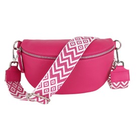 MIRROSI® Women's Bum Bag, Genuine Leather, Made in Italy, Shoulder Bag, Chest Bag, Crossbody Bag (1 Bag & 2 Straps), Boho Pink