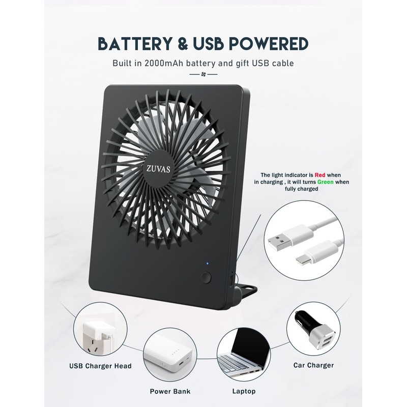 Zuvas Desk Fan Battery Operated, Rechargeable 180°Tilt Folding Personal Ultra