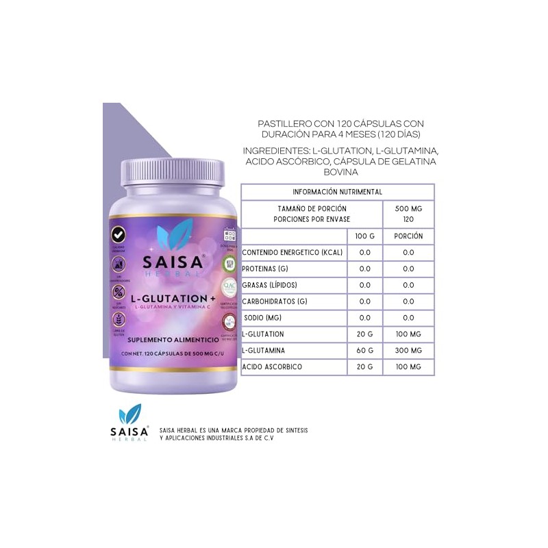 SAISA HERBAL L-Glutatión con L-Glutamina y Vitamina C, 120 Cápsulas
