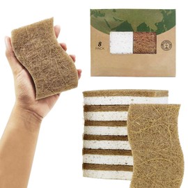 Biodegradable Natural Kitchen Sponge, Compostable Cellulose and Coconut Scrubber Eco-Friendly Dishwashing Sponge, 8 Pack Household Cleaning Foam for Dishes